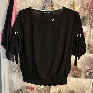 New York & Company Black Blouse with Tie Sleeves